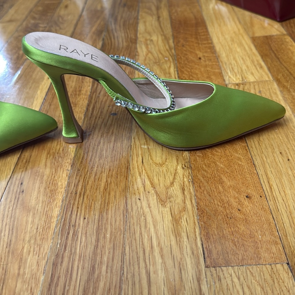 RAYE Neon Green Crystal-Embellished Pointed Satin Mules - Picture 4 of 5